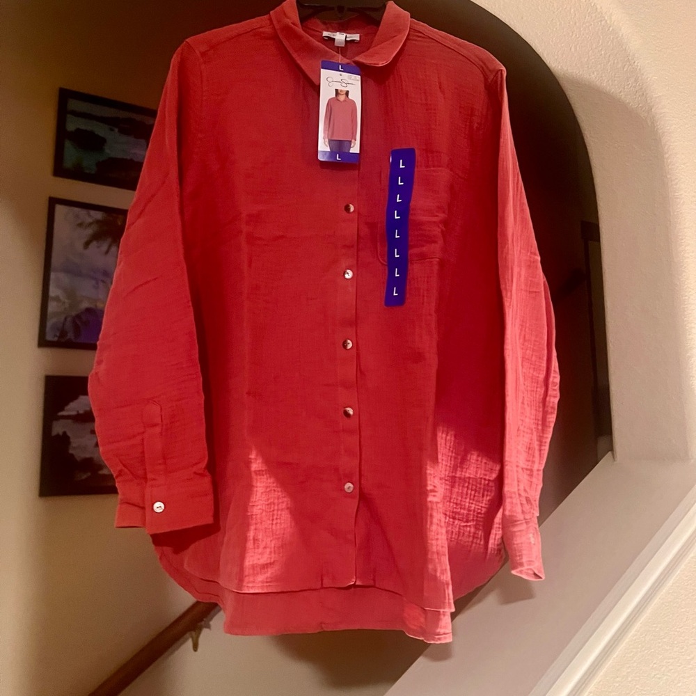 Jessica Simpson button down long sleeve blouse-off red color Large